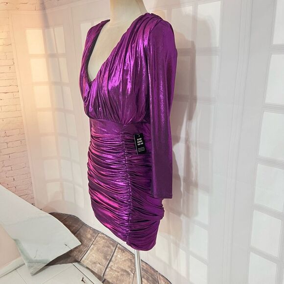 Express NWT Purple Metallic Ruched Long Sleeve Mini Bodycon Dress Size Small - Picture 6 of 12